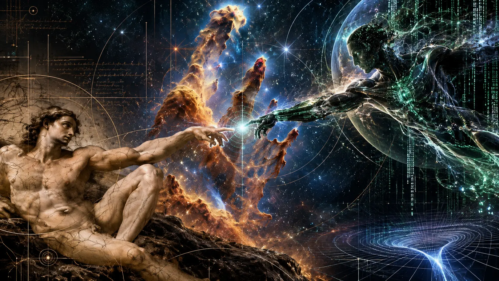 Mural: a human hand reaching toward a reconstructed machine hand, fingertips almost touching across space